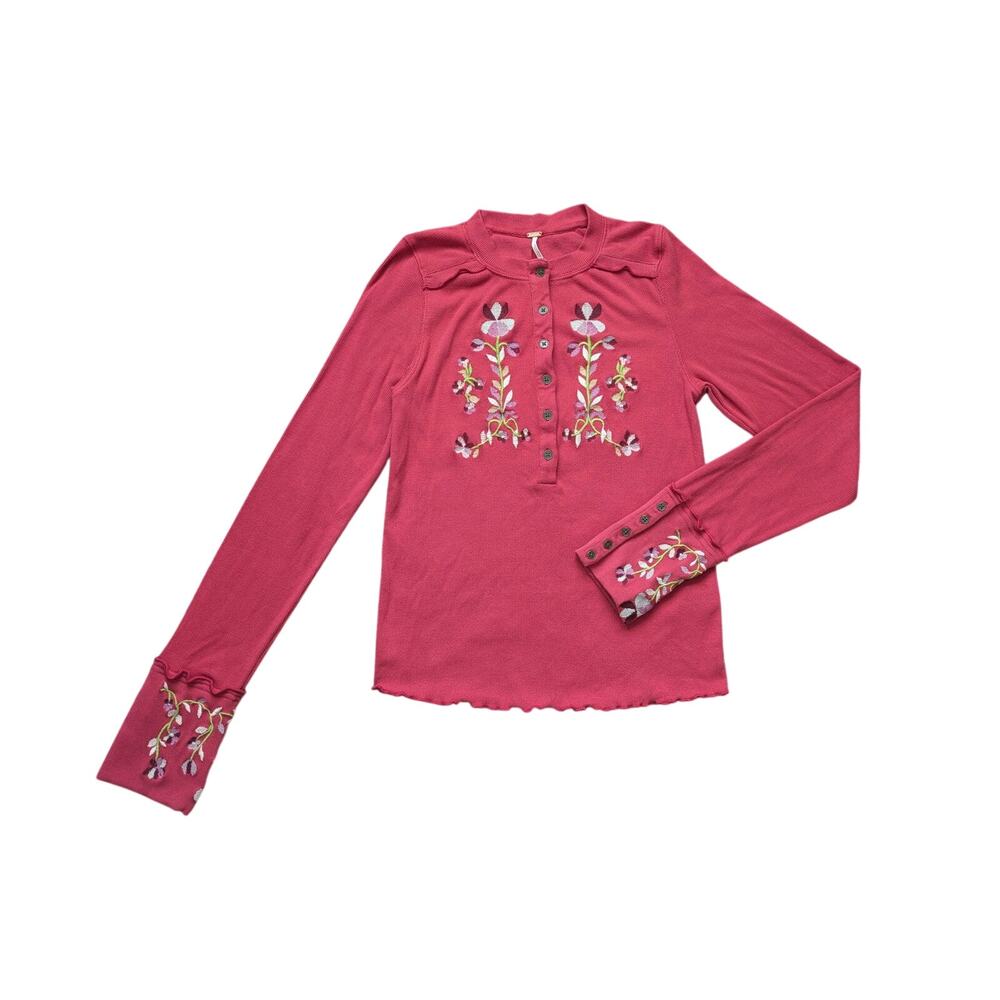 Free People Fleur Embroidered Cuff Henley Top Womens M Red-Pink Floral Boho